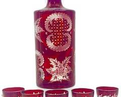 Vintage Cranberry Red Cut To Clear Decanter With Stopper and Glasses
