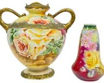 Antique Hand Painted German Royal Porcelain Floral Vase & Two Handle Vase
