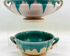 Two Roseville ArtPottery Inc Stamp Marked Low Bowls W Handles No Chips, Cracks or repairs
