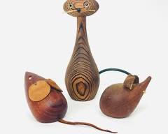 MCM Mid Century Modern DANISH H & F FIGURAL WOODEN CARVED CAT AND 2 Mice
