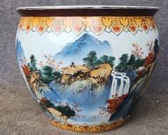 Very Large Chinese Hand Painted Porcelain Landscape Jardinire Bowl Planter
