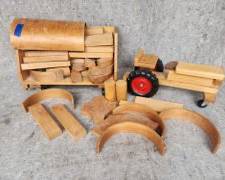 MCM Mid century Modern 1950's Brio Style Wood Tractor & Blocks Toys
