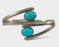 Fine Mexican Sterling Silver Modernist Turquoise Cabochon Hinge Statment Bracelet
