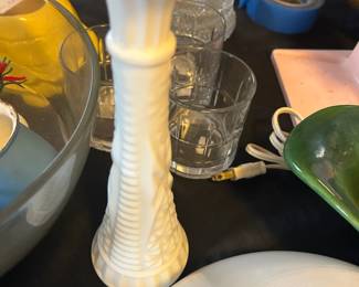 Vintage White Milk Glass Bud Vase 9" Stars & Bars Scalloped Edge 3" Base Diameter