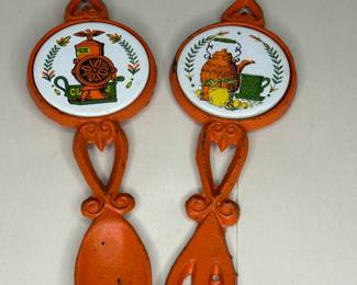 Vintage V.G. Cast Iron Orange Fork & Spoon, Porcelain Center Made in Japan
