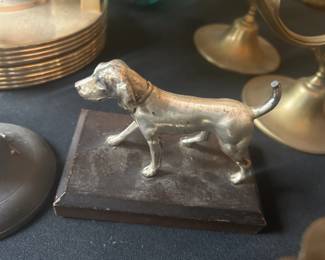 Silver plate dog on wooden base stamped WB-2993