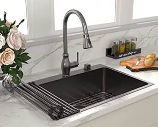 Brand Sarlai
Size B 30x22
Product Dimensions 22"D x 30"W x 10"H
Style Drop-In
About this item
Dent Resistant: 30-inch gunmetal kitchen sink is made with genuine 16 Gauge Premium T304 Grade Stainless Steel. More durable than 18 Gauge bar sink without leak problem. Commercial Grade Brushed Finish scratch resistant.
Design for Easy Draining: drainage Bottom Slope and X water guideline is for better water drainage.
R10 Round conner is easier to clean without Coner rust. The rear center set provides more use space.
Drop-in Kitchen Sink Size and Package Included: 30*22*10 (minimum cabinet size is 33 inches); The package comes with a gunmetal black drop-in kitchen sink, bottom rinse grid, drain strainer, and roll-up rack.
