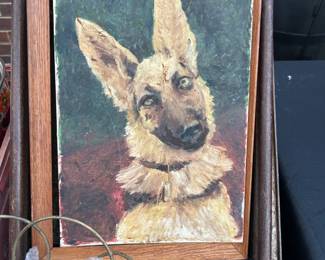 1970’s Vintage German Shepherd Dog Painting Signed Wood Frame