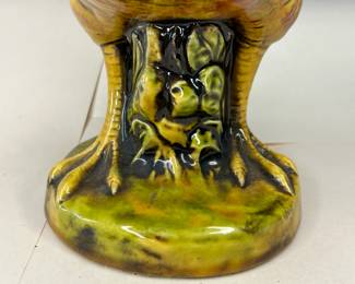 An imperious grouse in turquoise, mustard, and paprika tones. Enesco paper label and stamp on the underside of the base.
This piece was purchased new in the 1960s and remained with the original owner. She is downsizing and is now available for purchase.
Dimensions: 8" Width x 4 5/8" Depth x 10 5/8" Height
Disclosures: This piece is in great condition with normal wear, including one chip in the beak area. (Please see the pictures for details.