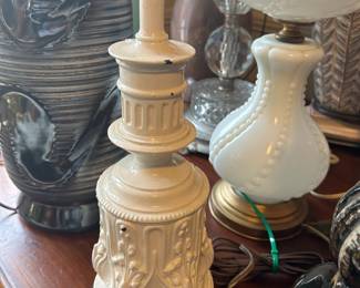 the early 1900s painted white (painted more recently) neoclassical style columnar lamp with beading, fluting and florals