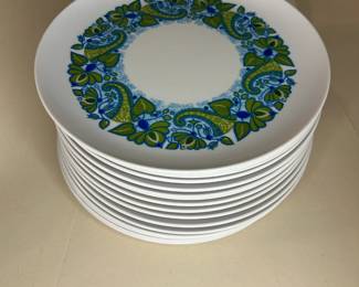 Vintage 1960s Set of 18 Allied Chemical 59 Melmac Paisley and Leaf Plates
Disclosures: This set is in excellent condition with normal signs of wear for this age set. (Please see the pictures for details.)
Dimensions: 9.5" Circumference x .75" Height - curve around edges ensure the contents remain in place.
Melamine Design History: Melamine resin is often used in kitchen utensils and plates (such as Melmac.)
During the late 1950s and 1960s, melamine and tableware became fashionable. Aided by the stylish modern designs of A.H. Woodfull and the Product Design Unit of British Industrial Plastics, it was thought to threaten the dominant position of ceramics in the market. Known for their lightweight design and resistance to breaking, they became an excellent daily-use alternative.