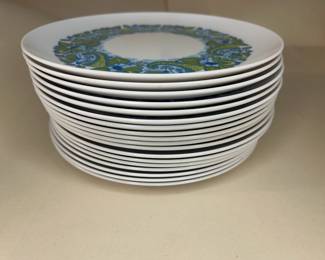 Vintage 1960s Set of 18 Allied Chemical 59 Melmac Paisley and Leaf Plates
Disclosures: This set is in excellent condition with normal signs of wear for this age set. (Please see the pictures for details.)
Dimensions: 9.5" Circumference x .75" Height - curve around edges ensure the contents remain in place.
Melamine Design History: Melamine resin is often used in kitchen utensils and plates (such as Melmac.)
During the late 1950s and 1960s, melamine and tableware became fashionable. Aided by the stylish modern designs of A.H. Woodfull and the Product Design Unit of British Industrial Plastics, it was thought to threaten the dominant position of ceramics in the market. Known for their lightweight design and resistance to breaking, they became an excellent daily-use alternative.