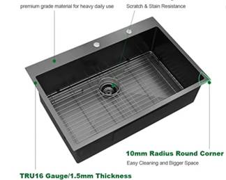 Brand Sarlai
Size B 30x22
Product Dimensions 22"D x 30"W x 10"H
Style Drop-In
About this item
Dent Resistant: 30-inch gunmetal kitchen sink is made with genuine 16 Gauge Premium T304 Grade Stainless Steel. More durable than 18 Gauge bar sink without leak problem. Commercial Grade Brushed Finish scratch resistant.
Design for Easy Draining: drainage Bottom Slope and X water guideline is for better water drainage.
R10 Round conner is easier to clean without Coner rust. The rear center set provides more use space.
Drop-in Kitchen Sink Size and Package Included: 30*22*10 (minimum cabinet size is 33 inches); The package comes with a gunmetal black drop-in kitchen sink, bottom rinse grid, drain strainer, and roll-up rack.