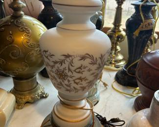 Vintage French White Frosted Glass with Gold Gilt Design Urn Table Lamp