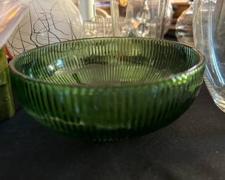 Vintage Green Glass Ribbed Bowl