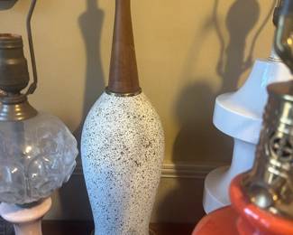 Vintage 1970s Mid-Century Modern Ceramic Stone Teak Wood Table Lamp