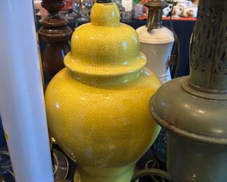 Mid-Century Asian Crackle Yellow Porcelain Ginger Jar Lamp 28" Crackle look throughout