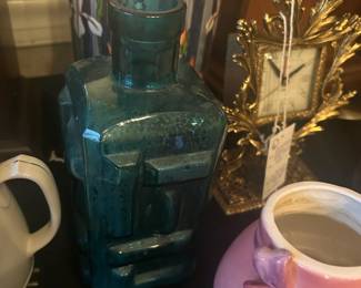 Mid-Century Empoli Glass Decanter Bottle BLUE GREEN Geometric Abstract BRUTALIST 14.25"