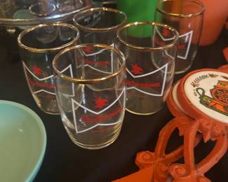 Budweiser Beer Barrel Tasting Glasses Lot of 5 Vintage Bow Tie Anheuser Busch Hops 3"