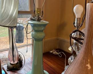 1950s aqua glazed ceramic pedestal form table lamp with a push button on/off button