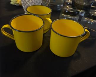 Set of Three Vintage Sunflower Yellow Enamelware Cup Black Rim Mug Rustic Farmhouse Kitchen