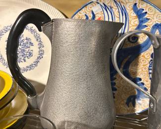 Guardian Service hammered aluminum pitcher, 8" tall, 8" from handle to spout