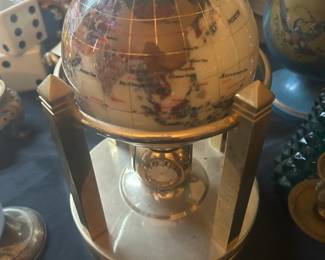 Mother Of Pearl & Gemstone Rotating Globe With 3 Quartz Clocks & Thermometer