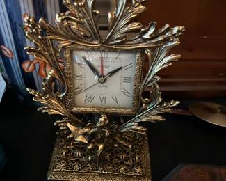 Guild Crest Cast Metal Gold Gilded alarm clock w/ Cherub Telechtron el. Movement