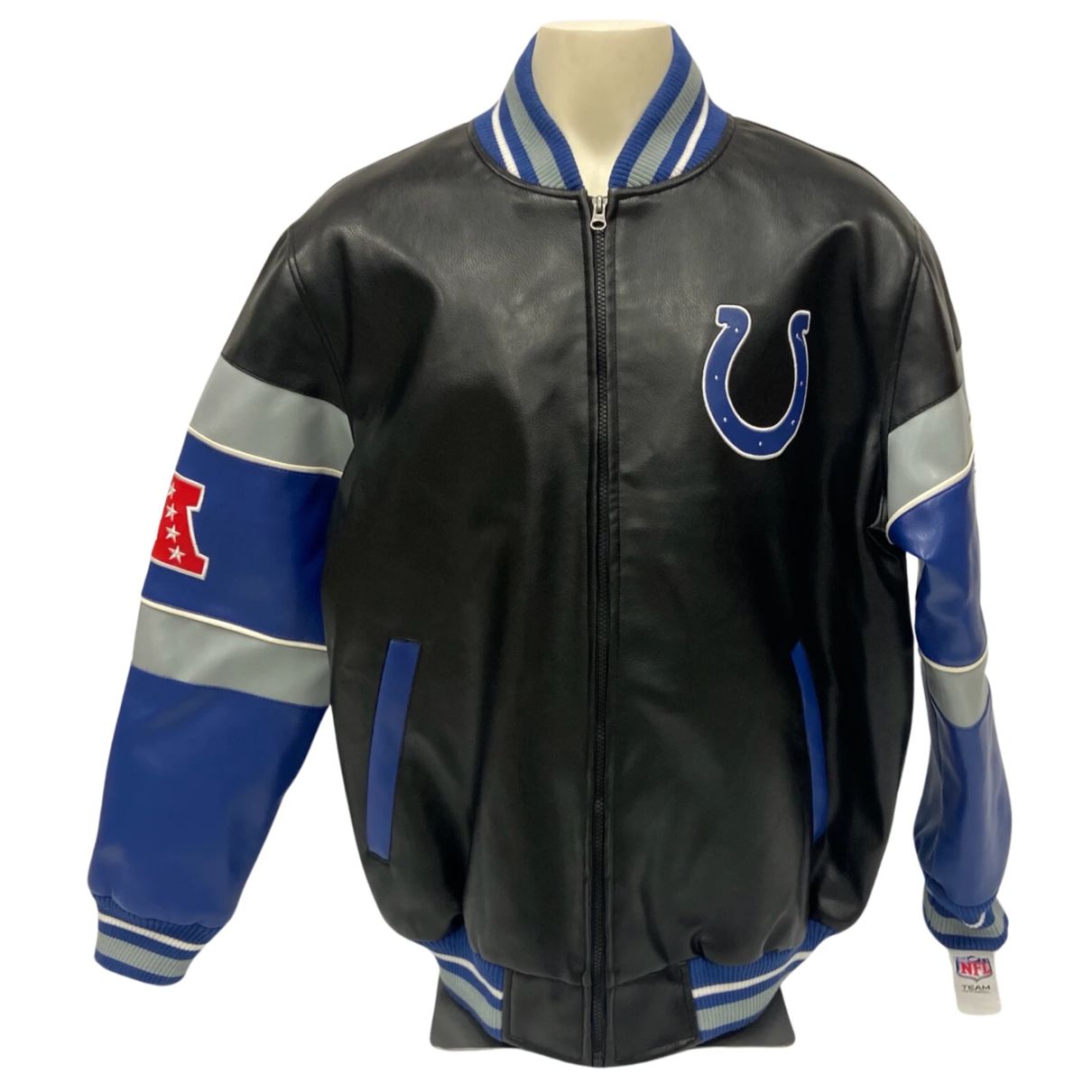 New Tags Size Extra Large Indianapolis Colts Vegan Faux Leather NFL Black Blue Full Zip Jacket G III