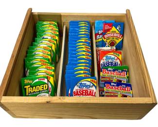 Wooden Tray of Wax Packs TOPPS 1987 89 1990 92 Yearbook Stickers K-Mart Stars of 60s 70s 80s
