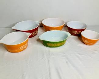 Pyrex Autumn Harvest and Green Gold Scroll

