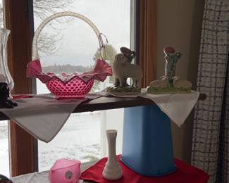 Fenton basket and Staffordshire spill vases