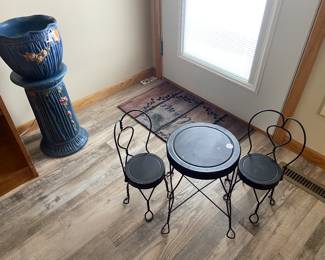 Weller Jardiniere and Pedestal and antique childs table and chairs