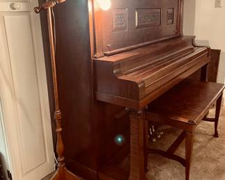 Schimmel upright restored piano with bench, adjustable floor lamp