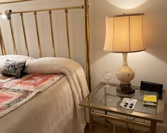Brass table, lamp, brass bed