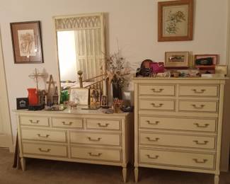 French Provencal chest & dresser with mirror, costume jewelry galore