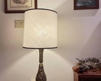 A pair of Filigree brass lamps, brass bells, 3 framed early 1950's black & white photographs, framed art, Brumm art sculptures, pottery