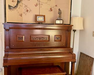 Schimmel restored upright piano with bench circa 1905, Asian art screen, floor lamp.
