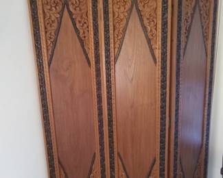 Ornate carved 3 panel wood screen