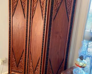 Three panel intricate carved wood screen