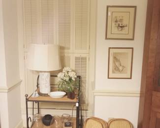 Rollin metal & wood bar tcart, Asian ornate lamp, framed art, wood serving trays