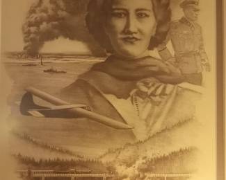 Signed & numbered framed art by Alabama artist Jay Ashurst of Alabama WW2 American Spy Eve Gordon.