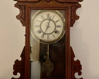 Waterbury Wooden Eight day mantle clock with beautiful carving