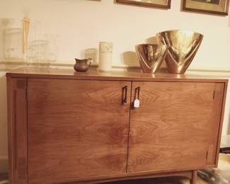 Kroehler wood Mid Century modern credenza, brass vases, Lenox, set of four framed Thai Temple Rubbings
