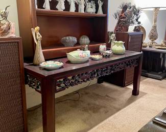 Carved wood coffee table, angels, porcelain,