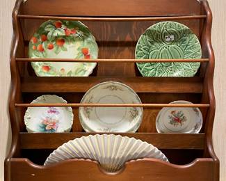 Antique wood wall rack with vintage plates & saucers