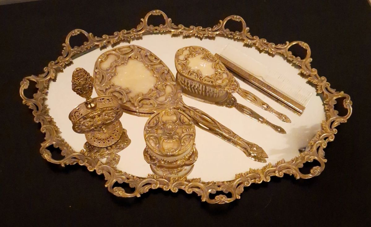 Very old, complete vanity set in pristine condition.