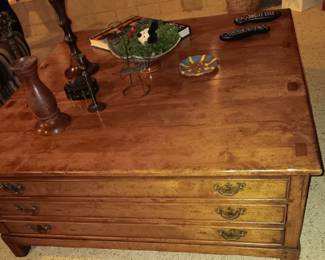 Antique 6 drawer architect's/blueprint cabinet, being used as a coffee table. 42"W x 42"L x 17 1/2"H. Very good condition, $685.00.