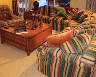 Large 3 piece vintage sectional seating/sofa, made by Thayer Coggin Inc., North Carolina, very good condition *$1600.00*. The 2 side sofas are 60"L x 38"W and the middle piece is
74"L.
Antique architect's/blueprint cabinet, being used as a coffee table. 42"W x 42"L x 17 1/2"H. Very good condition, $685.00.