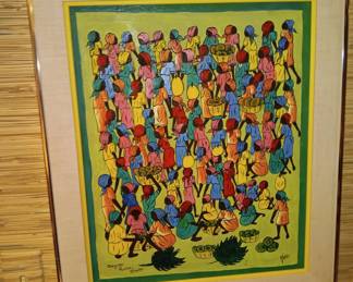 Framed  Colorful Naif Haitian Painting of Women with Clothes/Baskets and signed by the artist Jacques Charles Ruben, Was  *$245.00* now $150.00.